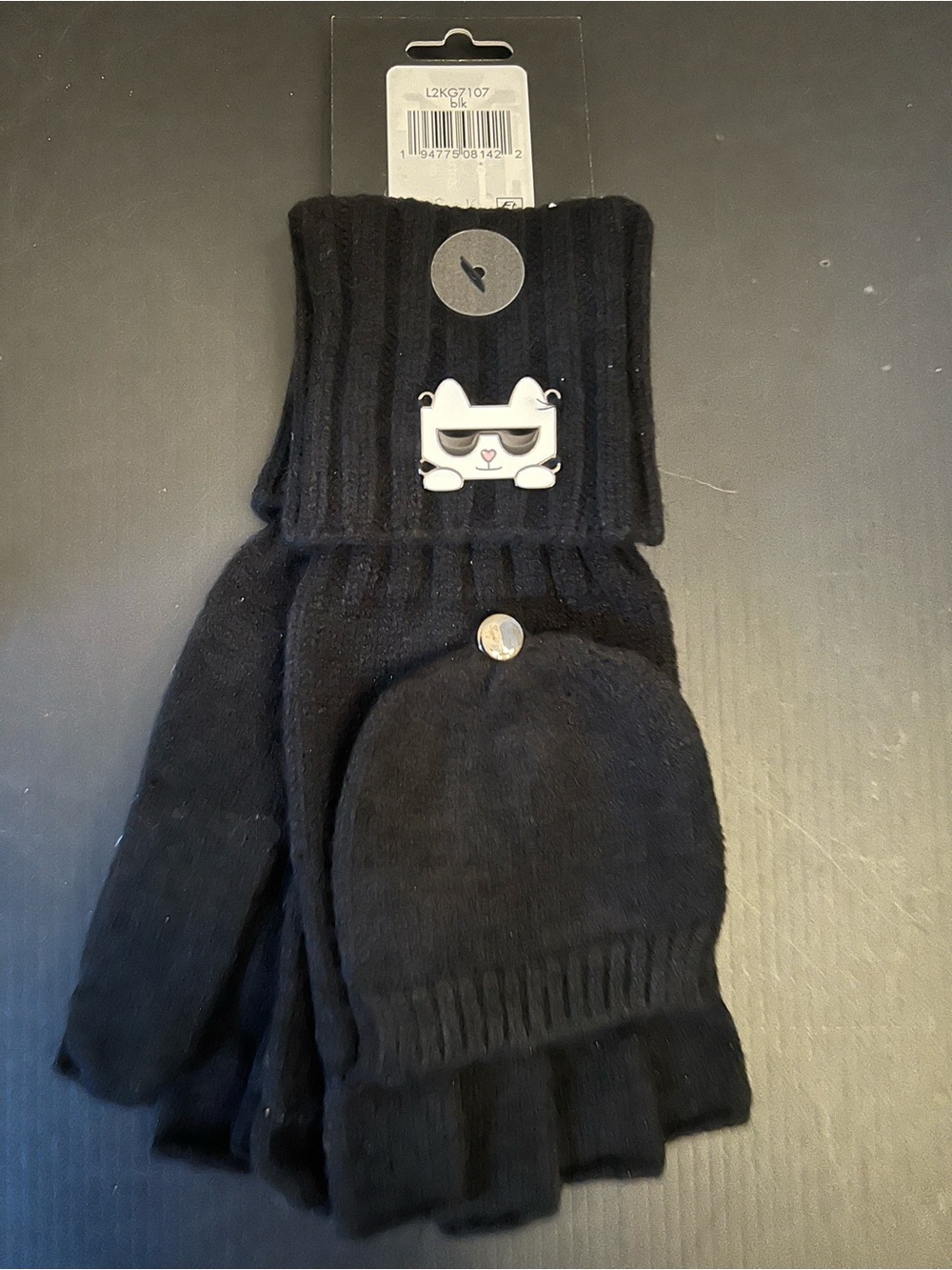 Black Karl Lagerfeld Convertible Mittens with Cat Charm
